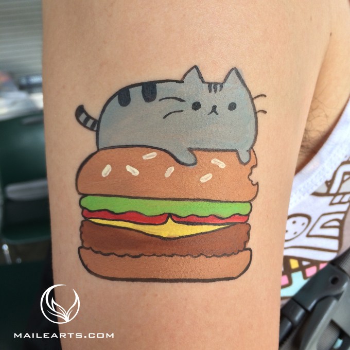 cat and hamburger face paint with logo